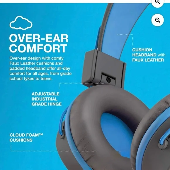 JLab JBuddies Studio On-Ear Kids Gray/Blue Wired Headphones Folding Adjustable - Picture 5 of 8